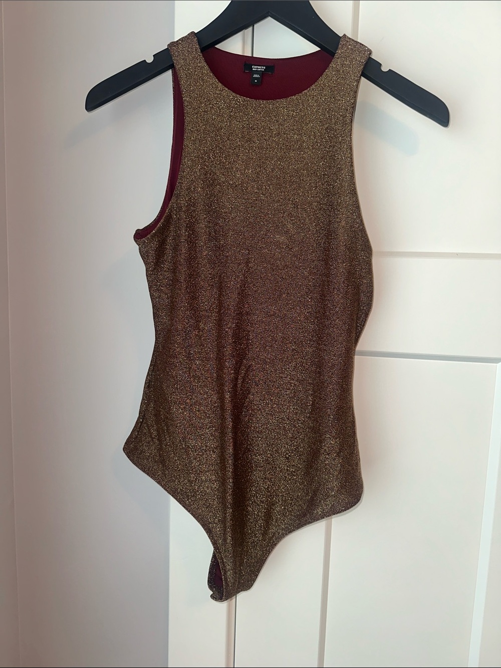 NWOT Express Metallic Gold Sleeveless Bodysuit with Wine Lining NEVER WORN